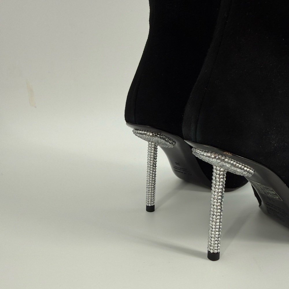 Diane B. Sophisticated Black Suede Knee-High Stiletto Boots with Rhinestone Heel - Picture 10 of 16
